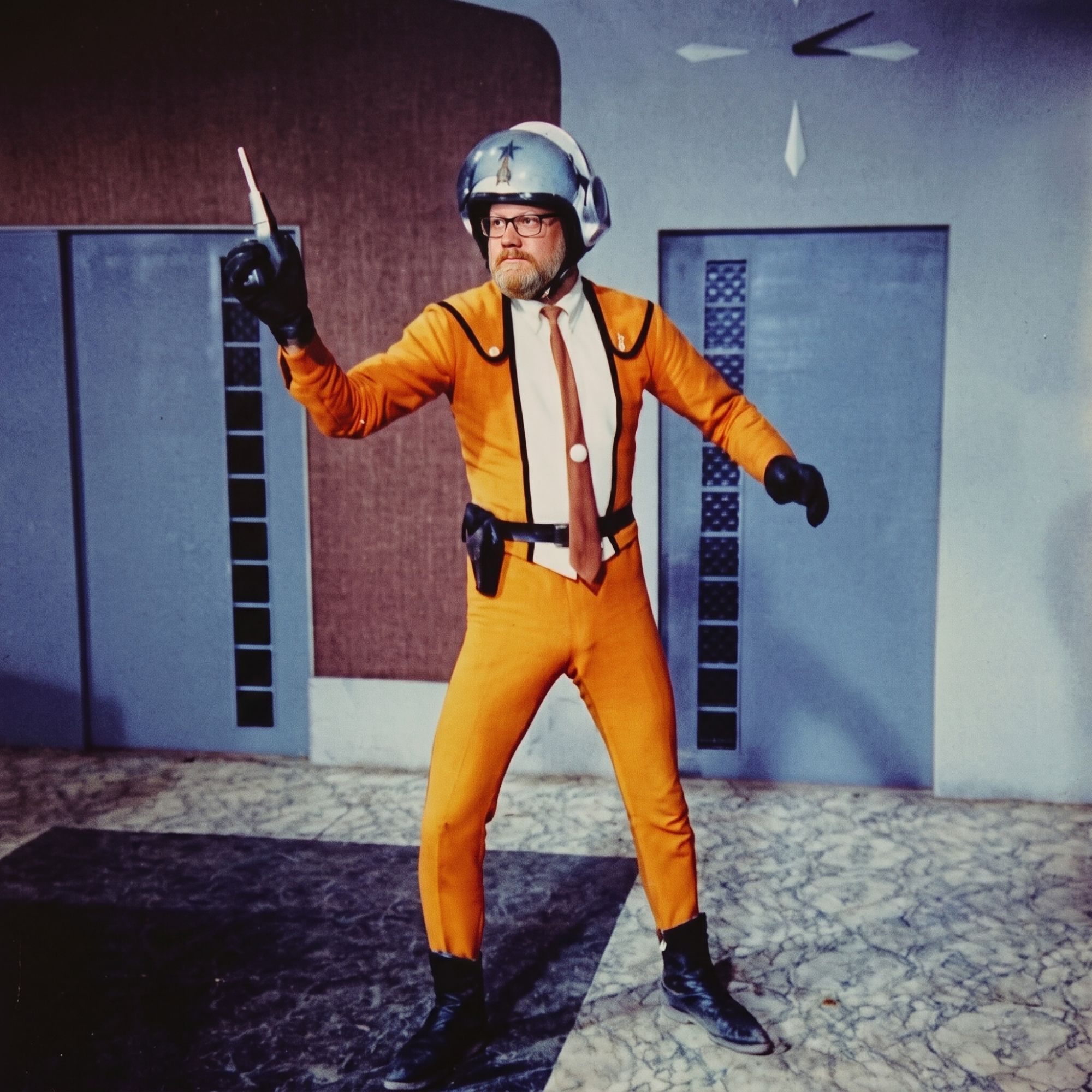 Rick Roberts in an orange Science Patrol uniform and silver helmet, holding a beta capsule aloft
