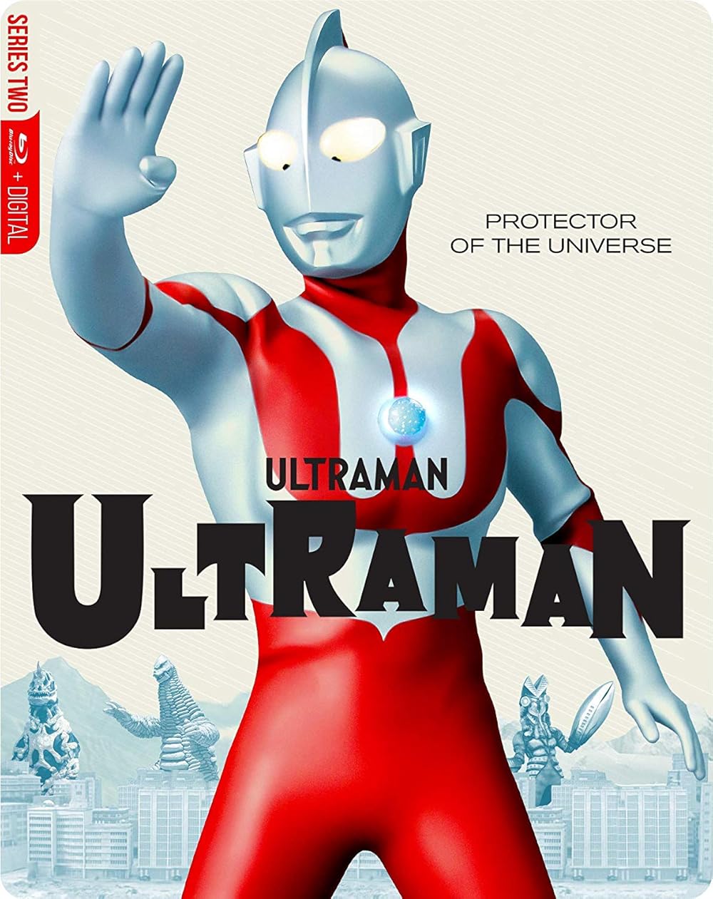 Ultraman box art: the silver and red hero raises one hand above a city skyline with kaiju, under the words Protector of the Universe